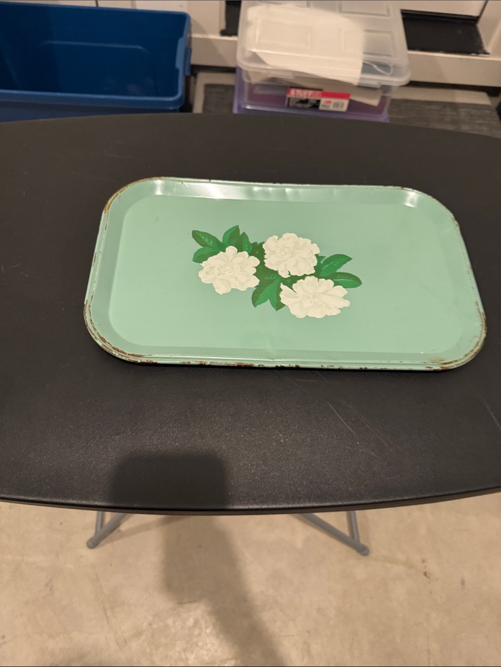 Vintage Floral Metal Tray in Mint Green